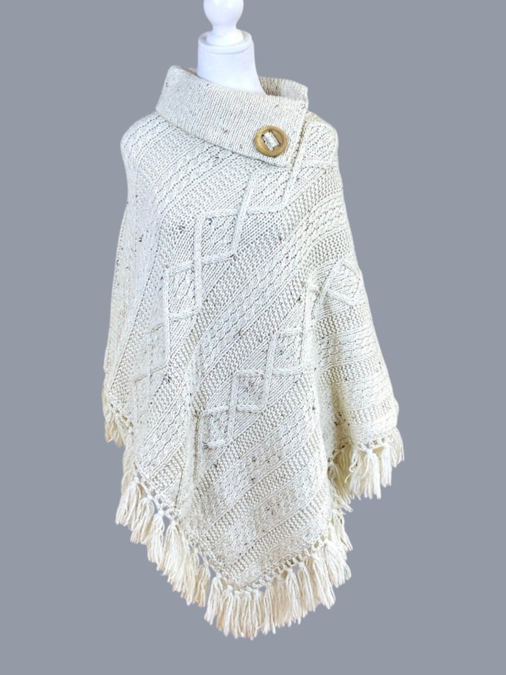 Chunky Knit Poncho Cape Fringe Button Ivory (OS)